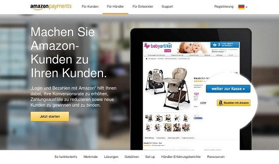 Screenshot: Amazon Payments: Login und Bezahlen mit Amazon (DE). Quelle: Payments.amazon.de