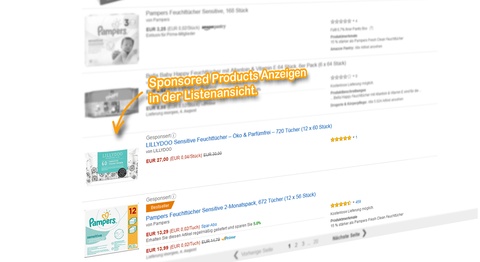 SERP Listenansicht, Sponsored Products Anzeigen für den Suchbegriff: [feuchttücher].