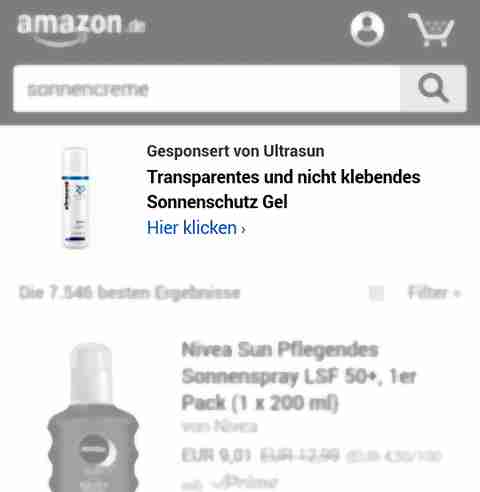 Amazon Marketing Services (jetzt Amazon Advertising): Headline Search Ad, Suchbegriff [sonnencreme] (Mobile). Quelle: Amazon.de