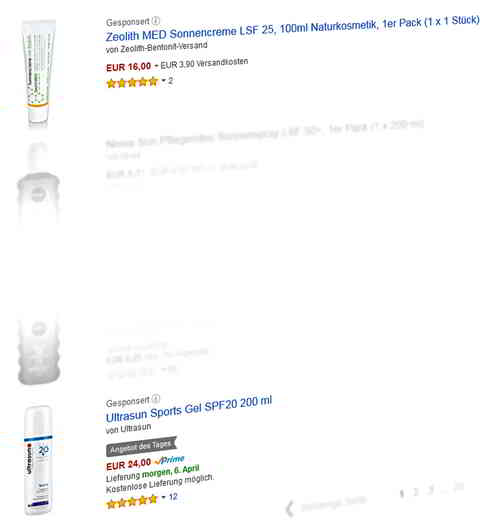Sponsored Products Ad, Suchbegriff [sonnencreme] (Desktop) (ober- und unterhalb der Amazon SERP). Quelle: Amazon.de