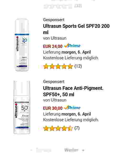 Amazon Marketing Services (jetzt Amazon Advertising): Sponsored Products Ad, Suchbegriff [sonnencreme] (Mobile). Quelle: Amazon.de
